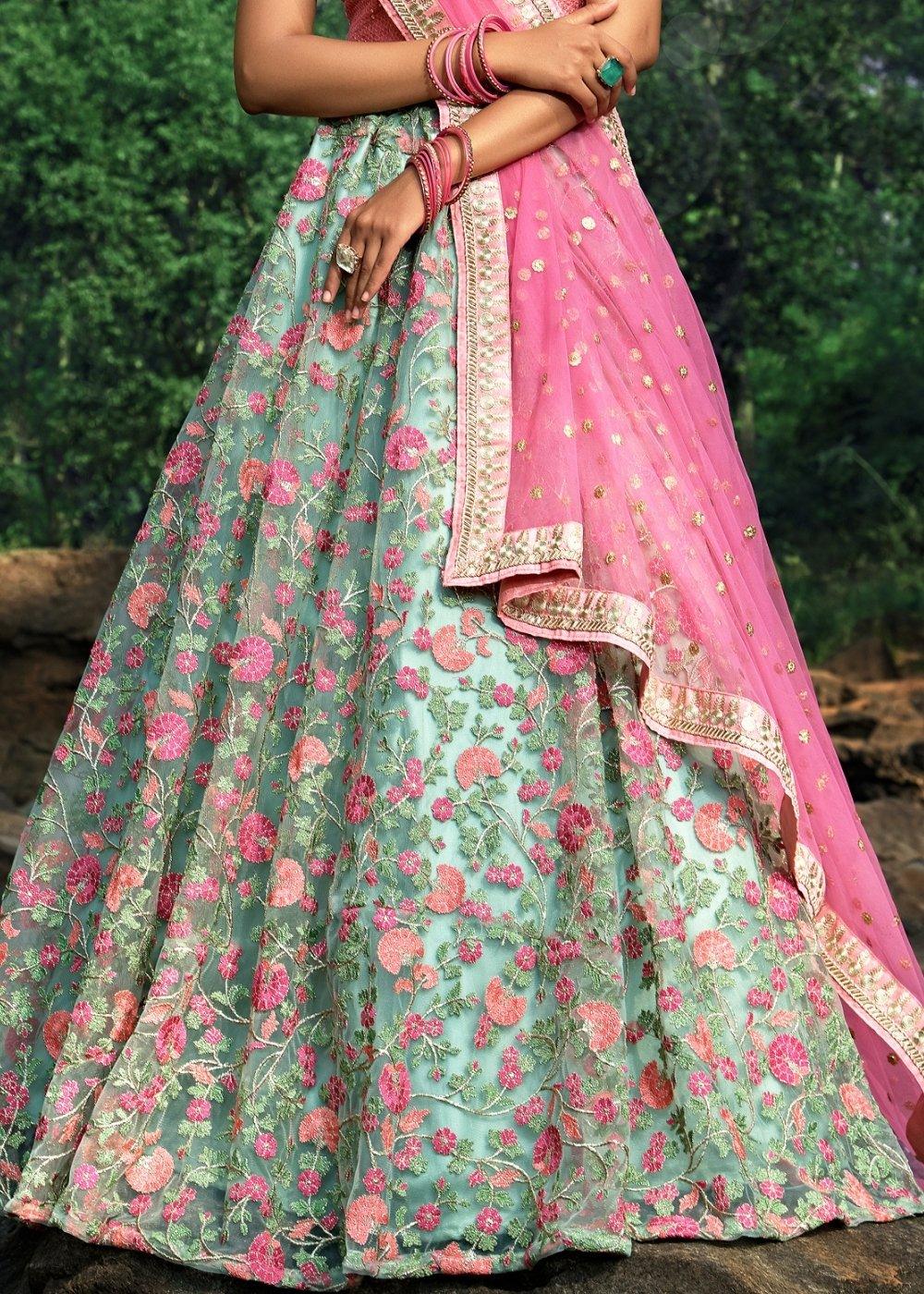 Pista Green & Pink Designer Soft Net Lehenga Choli with Sequins, Thread & Zari work - qivii