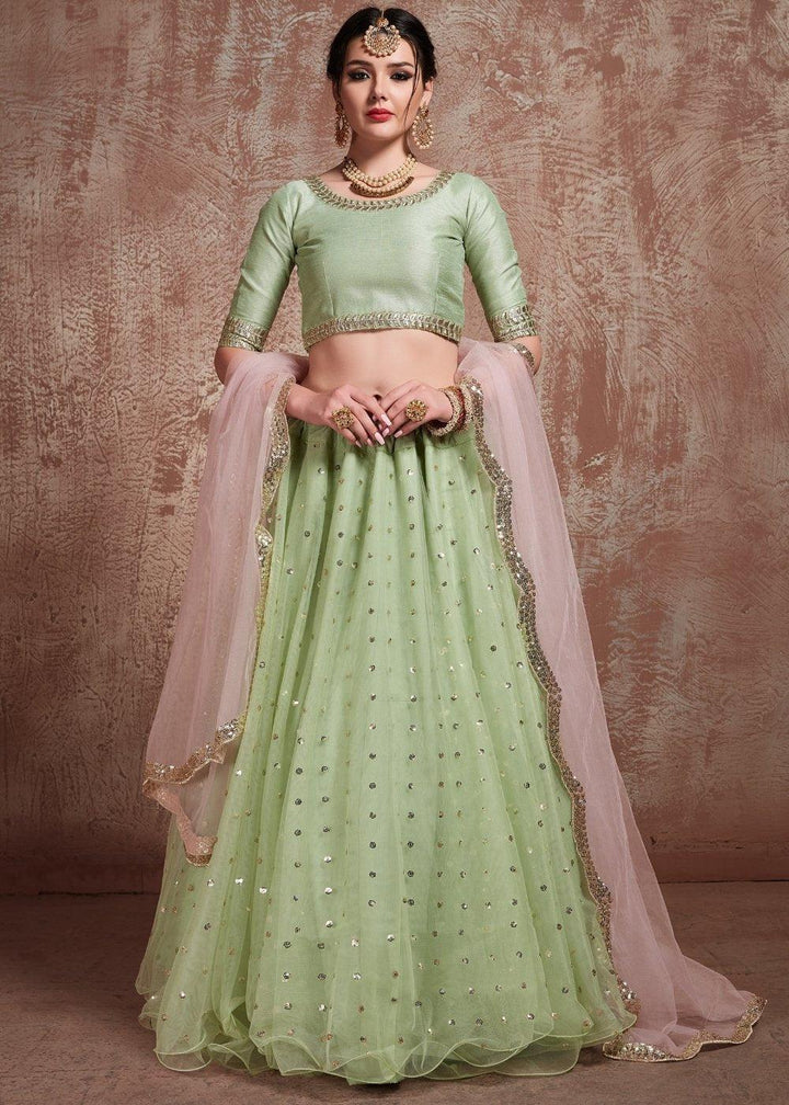 Pista Green Designer Soft Net Lehenga with Sequins & Zari work - qivii