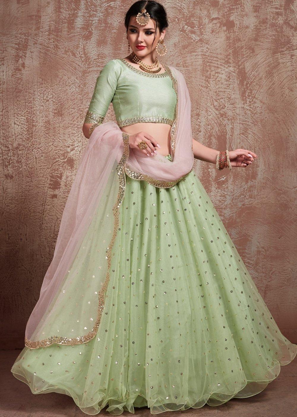 Pista Green Designer Soft Net Lehenga with Sequins & Zari work - qivii