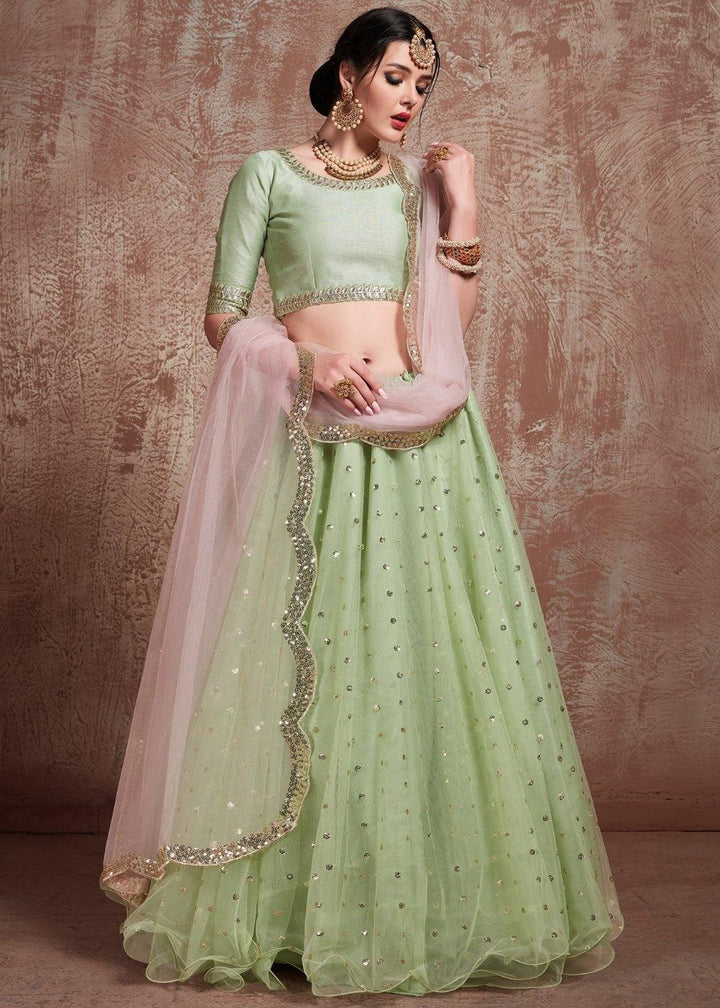 Pista Green Designer Soft Net Lehenga with Sequins & Zari work - qivii