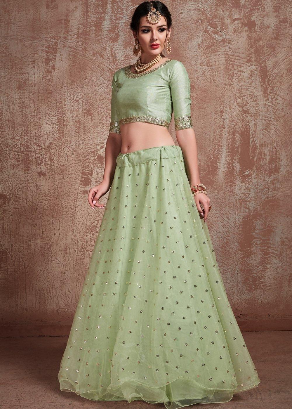 Pista Green Designer Soft Net Lehenga with Sequins & Zari work - qivii