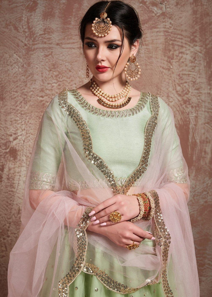 Pista Green Designer Soft Net Lehenga with Sequins & Zari work - qivii