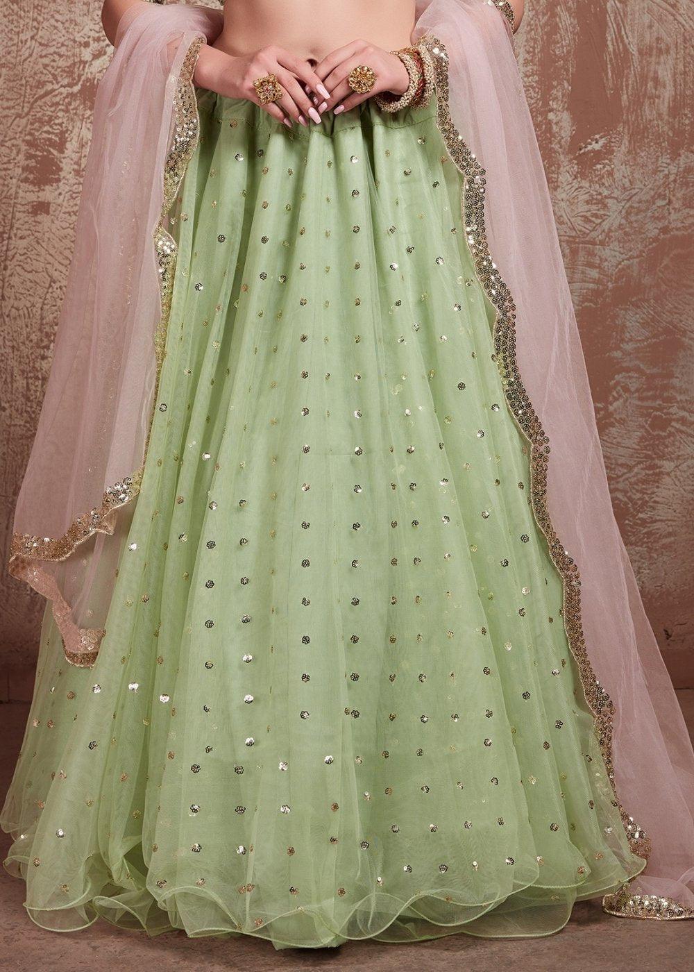 Pista Green Designer Soft Net Lehenga with Sequins & Zari work - qivii