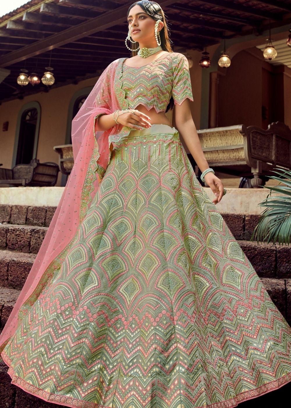 Pista Green Organza Lehenga Choli with Gota & Resham work - qivii