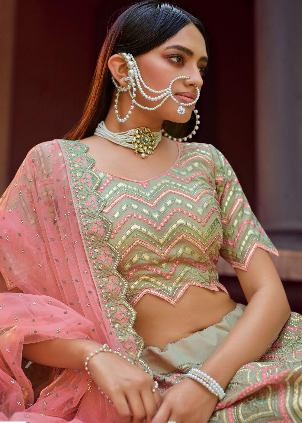 Pista Green Organza Lehenga Choli with Gota & Resham work - qivii