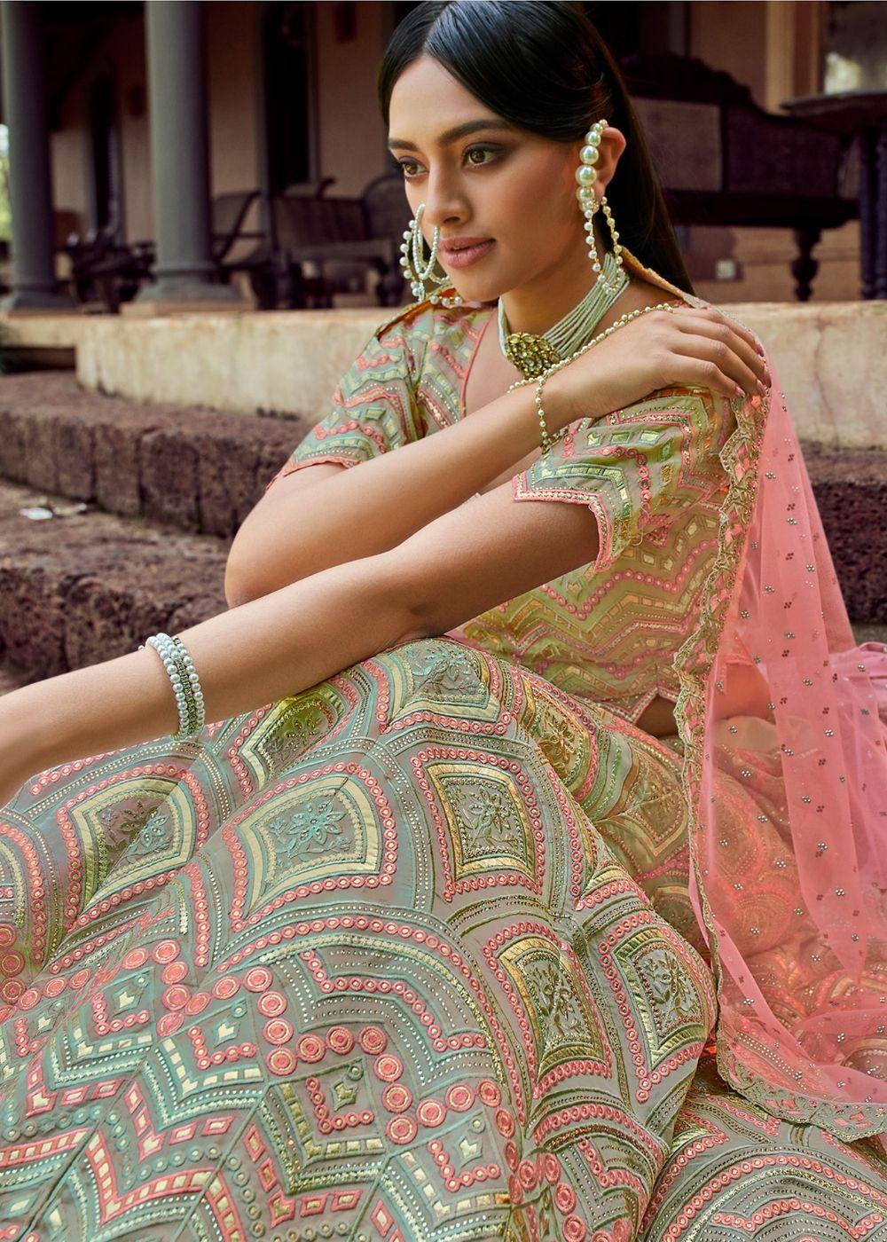 Pista Green Organza Lehenga Choli with Gota & Resham work - qivii