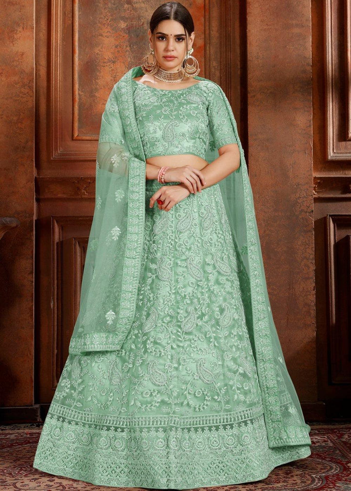 Pista Green Soft Net Lehenga Choli with Thread, Zarkan & Pearl work - qivii