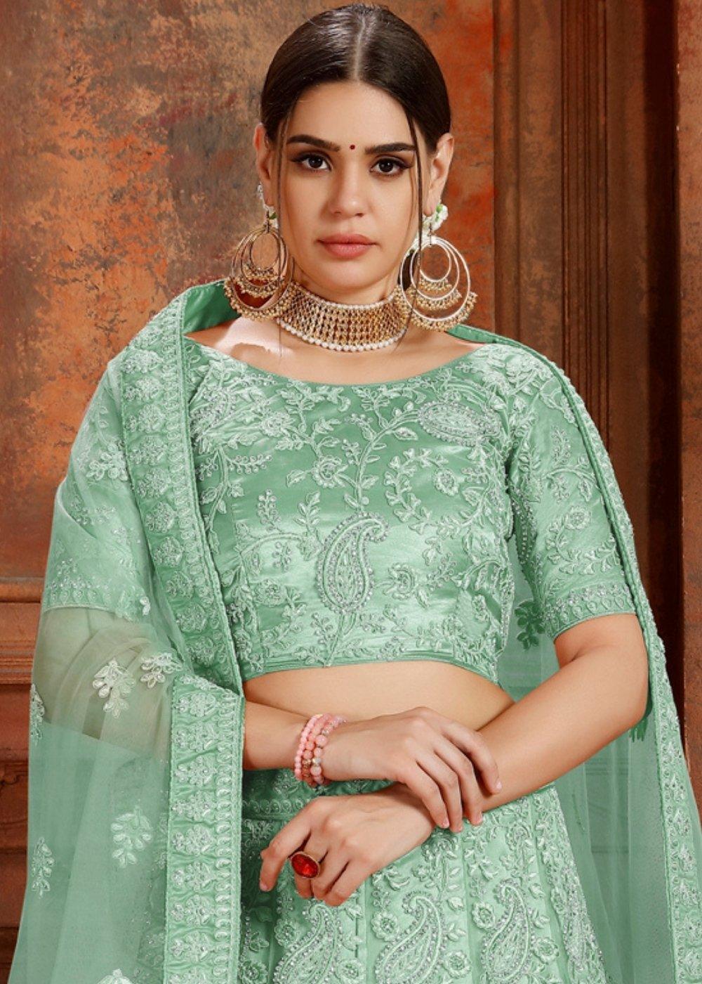 Pista Green Soft Net Lehenga Choli with Thread, Zarkan & Pearl work - qivii