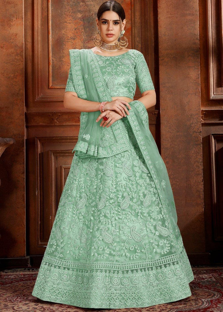 Pista Green Soft Net Lehenga Choli with Thread, Zarkan & Pearl work - qivii