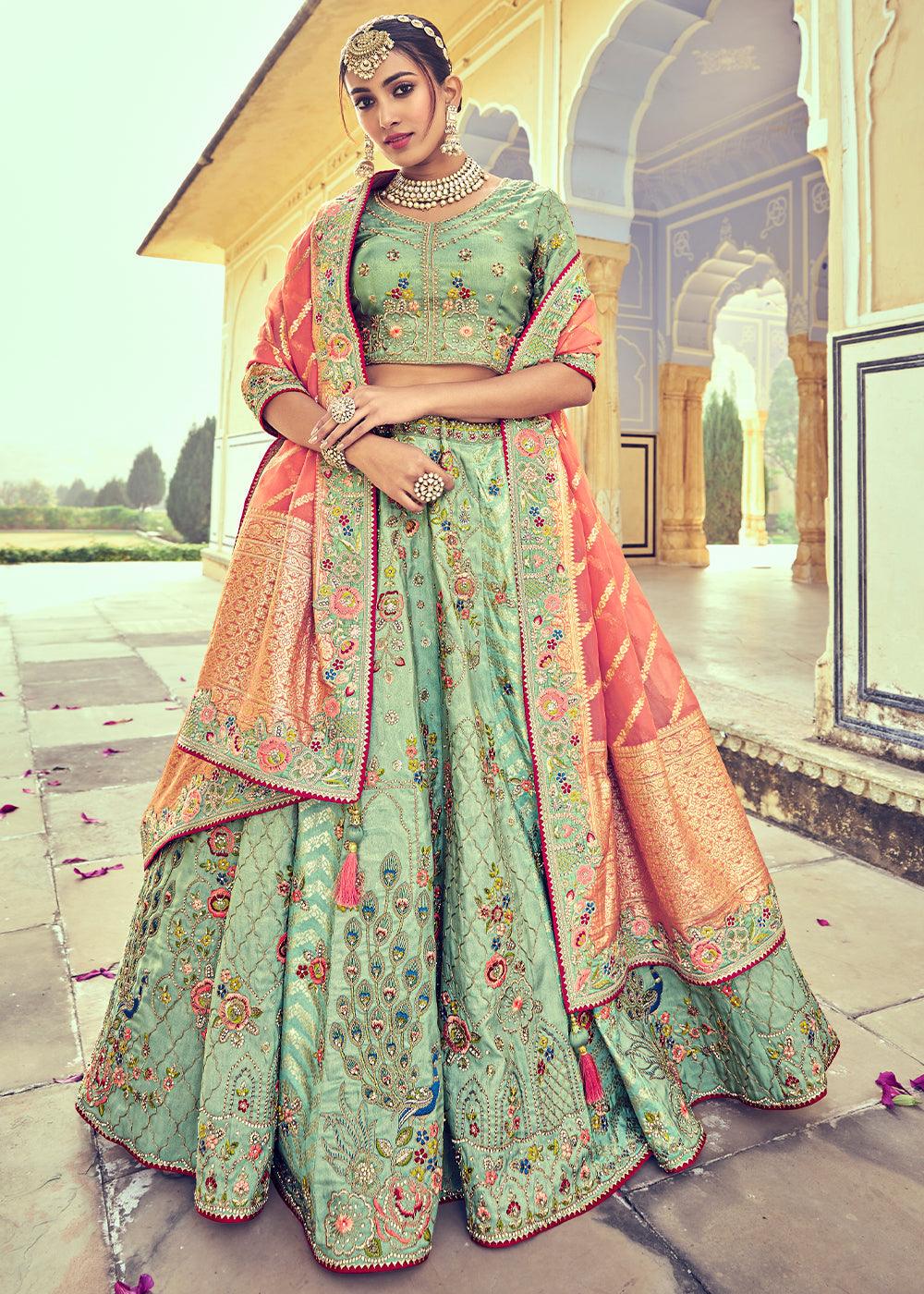 Pistachio Green Banarasi Silk Lehenga Choli with Khatli and Heavy Embroidered work - qivii