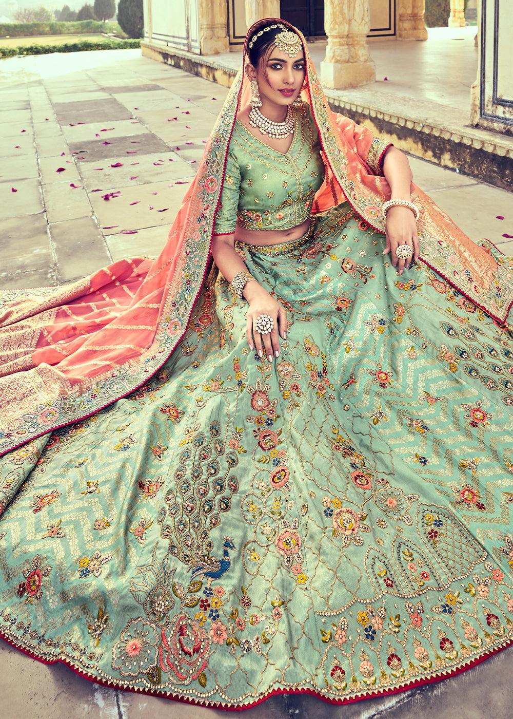 Pistachio Green Banarasi Silk Lehenga Choli with Khatli and Heavy Embroidered work - qivii