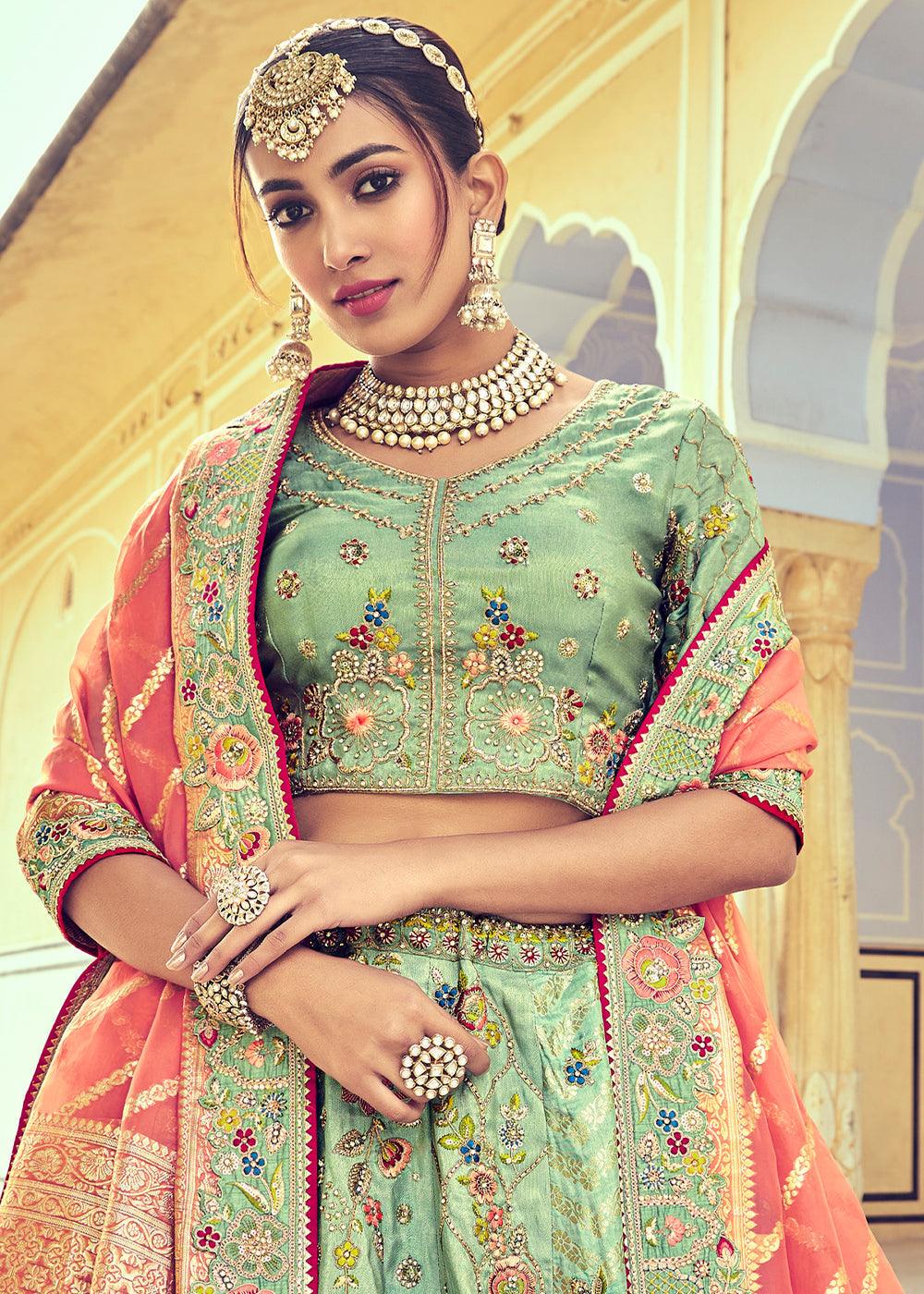 Pistachio Green Banarasi Silk Lehenga Choli with Khatli and Heavy Embroidered work - qivii