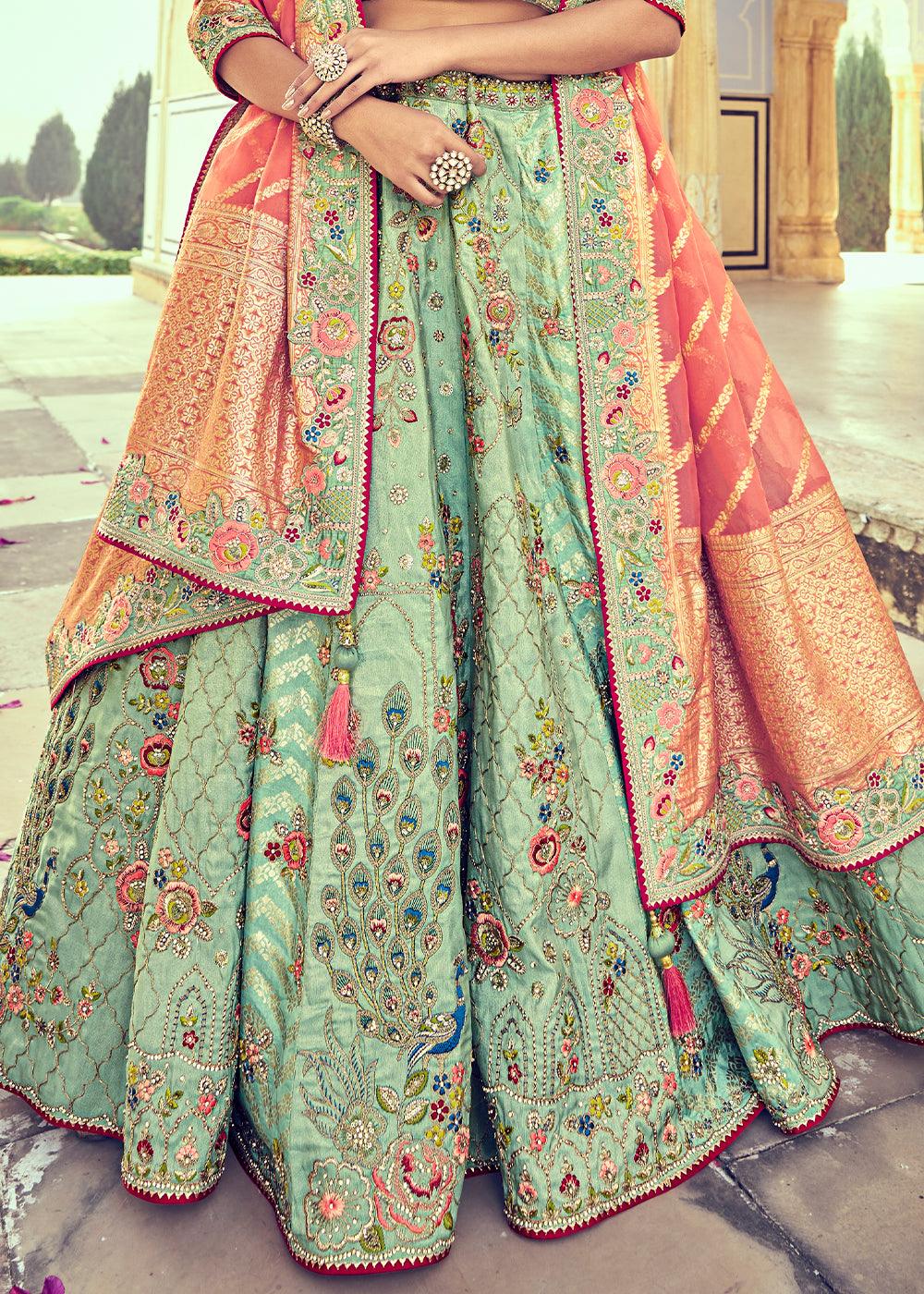 Pistachio Green Banarasi Silk Lehenga Choli with Khatli and Heavy Embroidered work - qivii