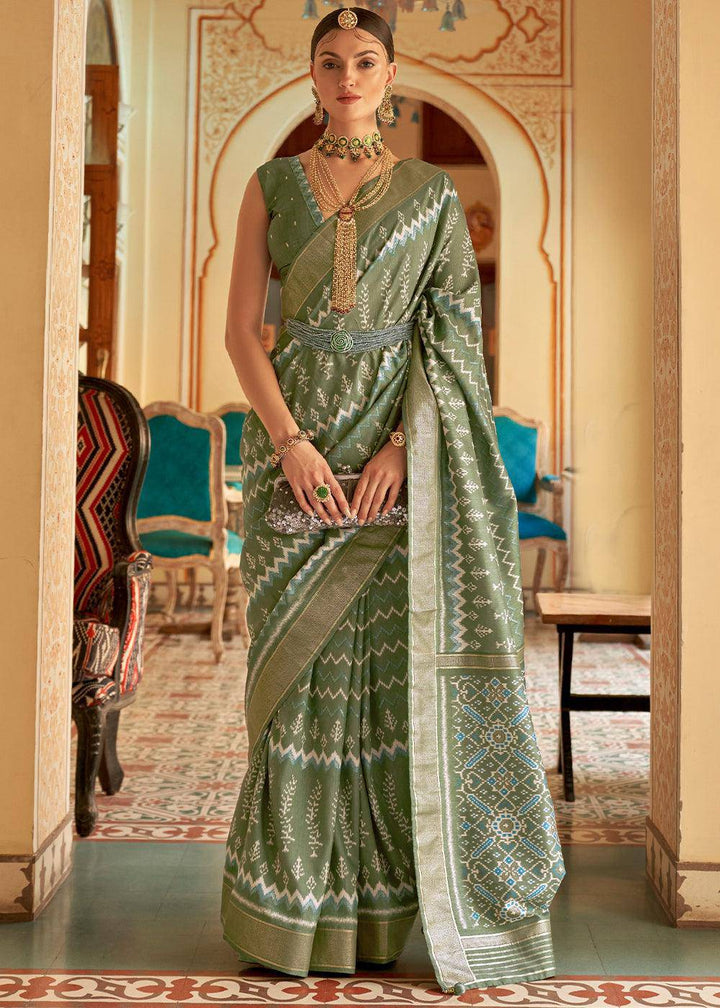 Pistachio Green Designer Printed Silk Saree | Stitched Blouse - qivii