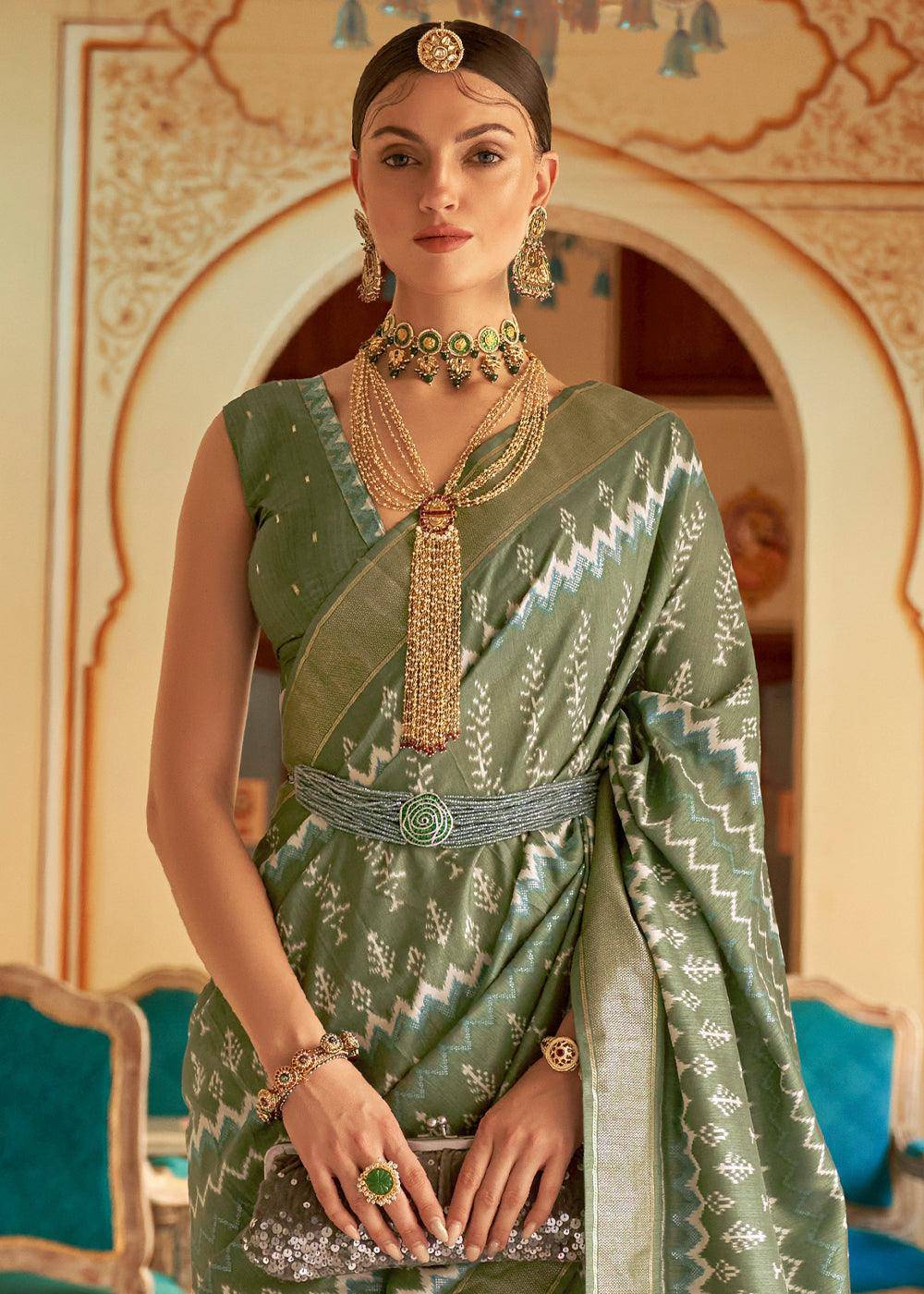 Pistachio Green Designer Printed Silk Saree | Stitched Blouse - qivii