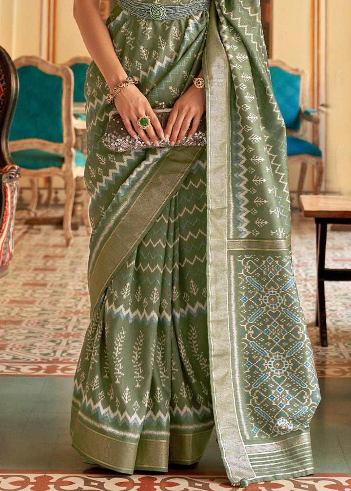 Pistachio Green Designer Printed Silk Saree | Stitched Blouse - qivii