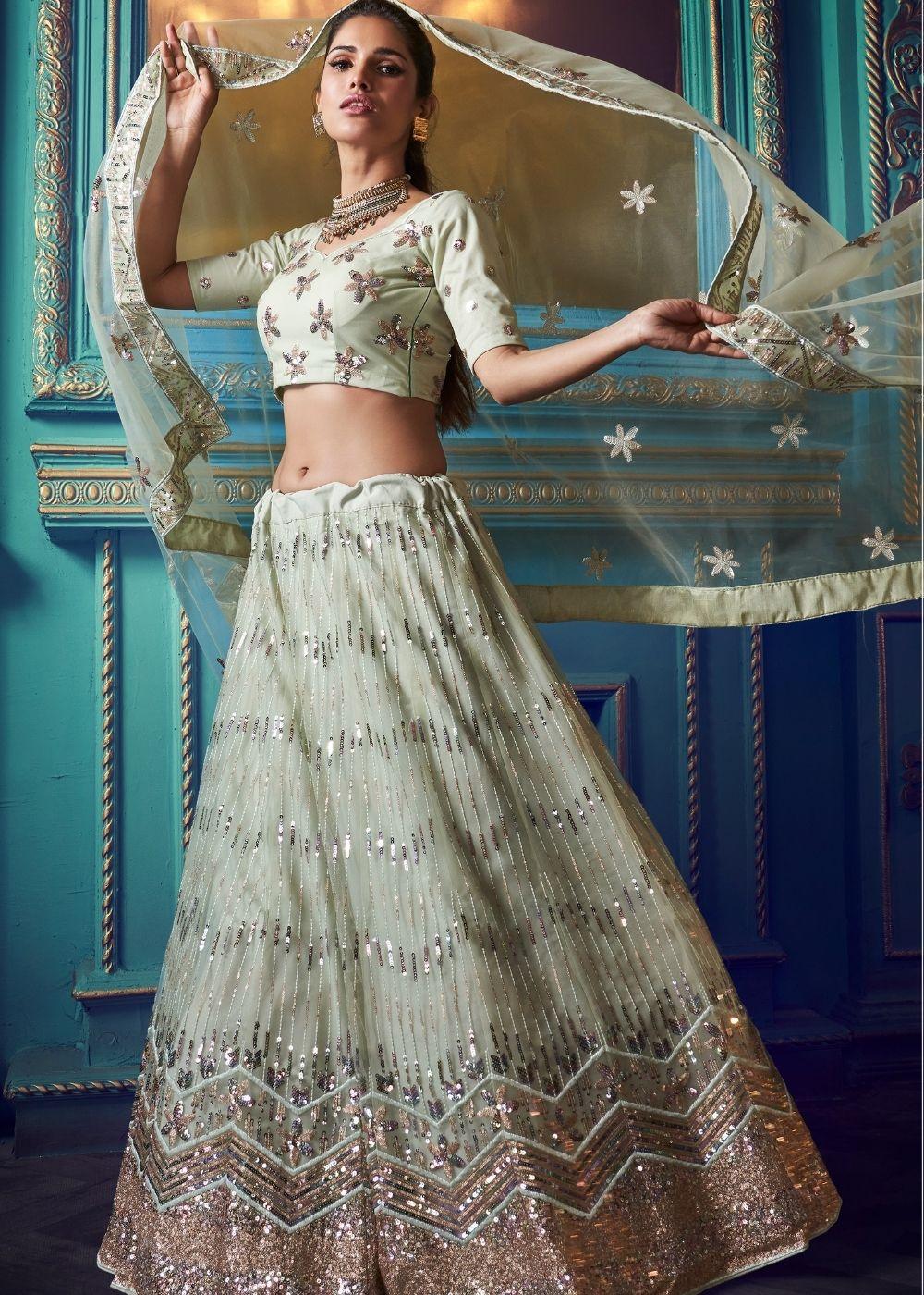 Pistachio Green Designer Soft Net Lehenga Choli with Sequin and Thread work - qivii