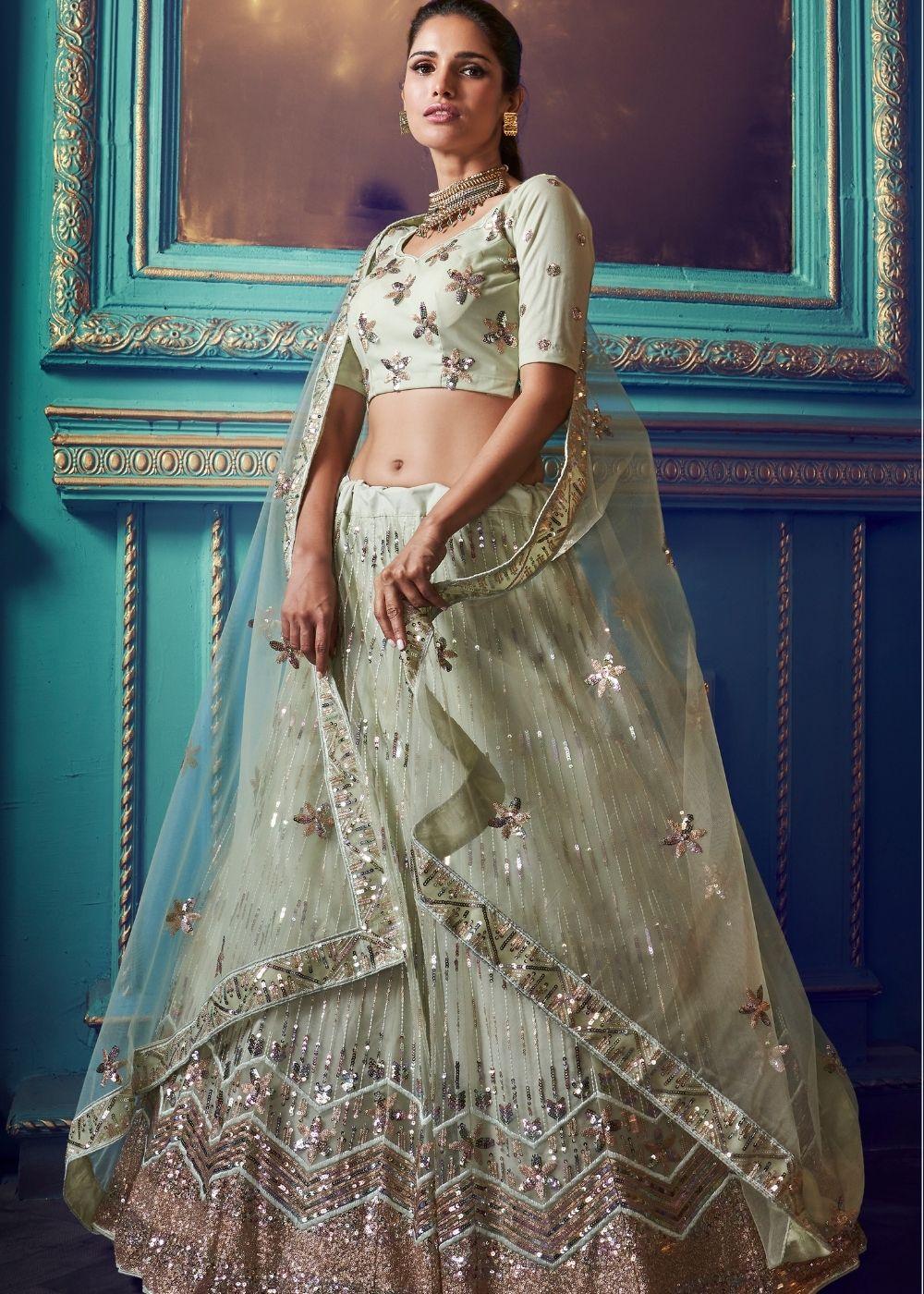 Pistachio Green Designer Soft Net Lehenga Choli with Sequin and Thread work - qivii