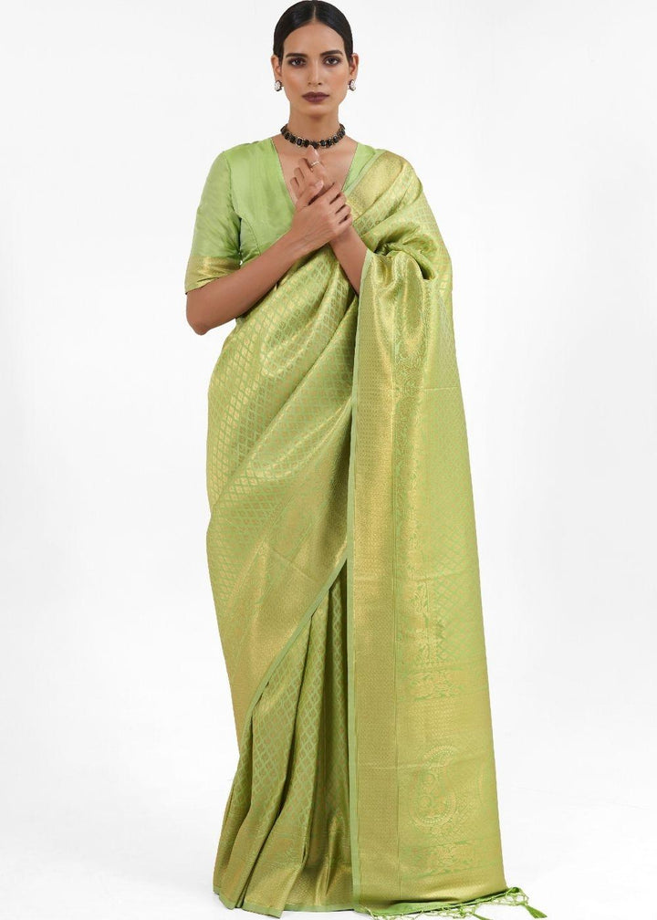 Pistachio Green Kanjivaram Soft Woven Silk Saree | Stitched Blouse - qivii