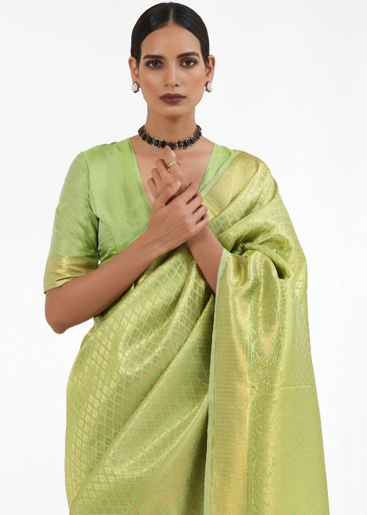 Pistachio Green Kanjivaram Soft Woven Silk Saree | Stitched Blouse - qivii