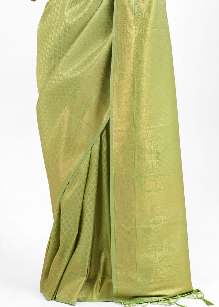 Pistachio Green Kanjivaram Soft Woven Silk Saree | Stitched Blouse - qivii