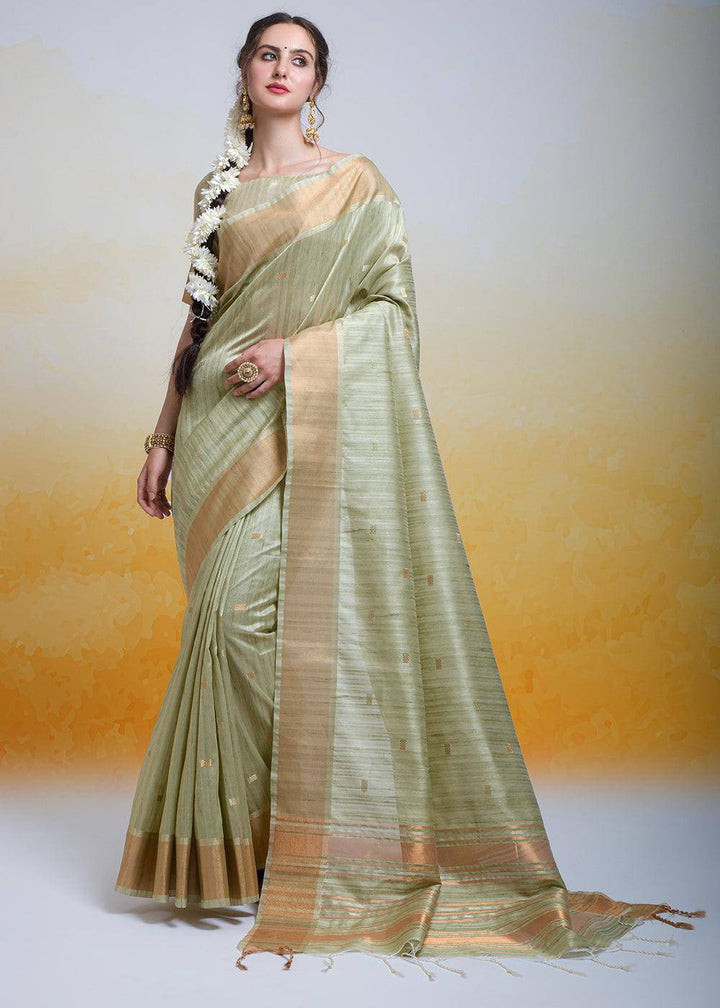 Pistachio Green Zari Woven Cotton Silk Saree | Stitched Blouse - qivii