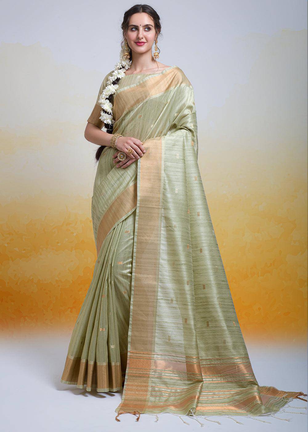 Pistachio Green Zari Woven Cotton Silk Saree | Stitched Blouse - qivii