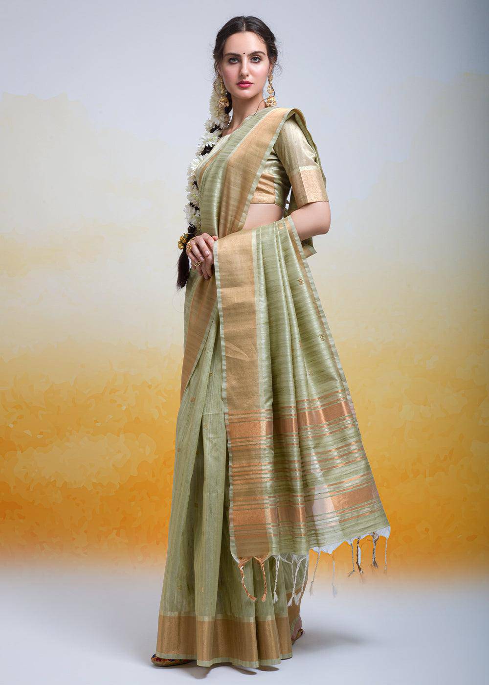 Pistachio Green Zari Woven Cotton Silk Saree | Stitched Blouse - qivii