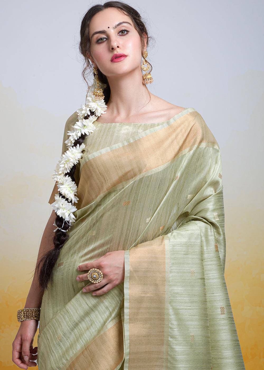 Pistachio Green Zari Woven Cotton Silk Saree | Stitched Blouse - qivii