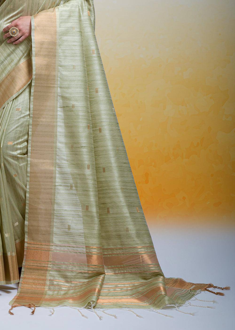 Pistachio Green Zari Woven Cotton Silk Saree | Stitched Blouse - qivii