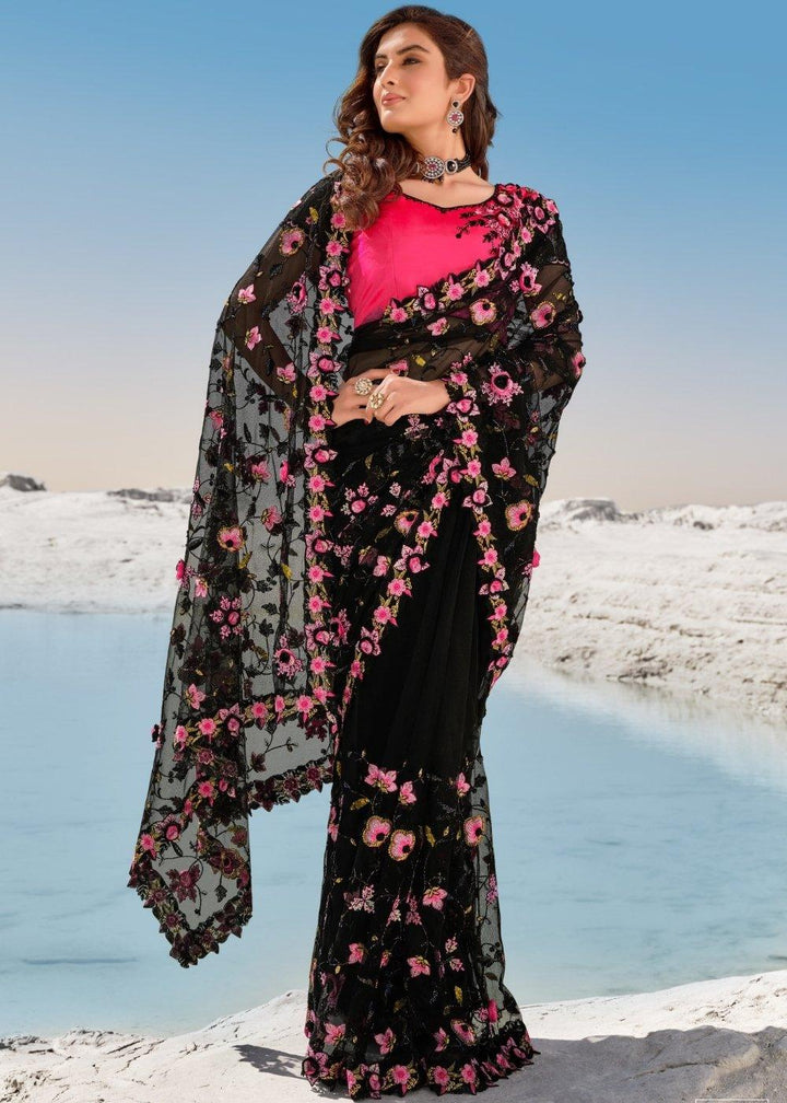 Pitch Black Designer Net Saree with Hand-Made Flower,Moti & Cut-Dana work | Stitched Blouse - qivii