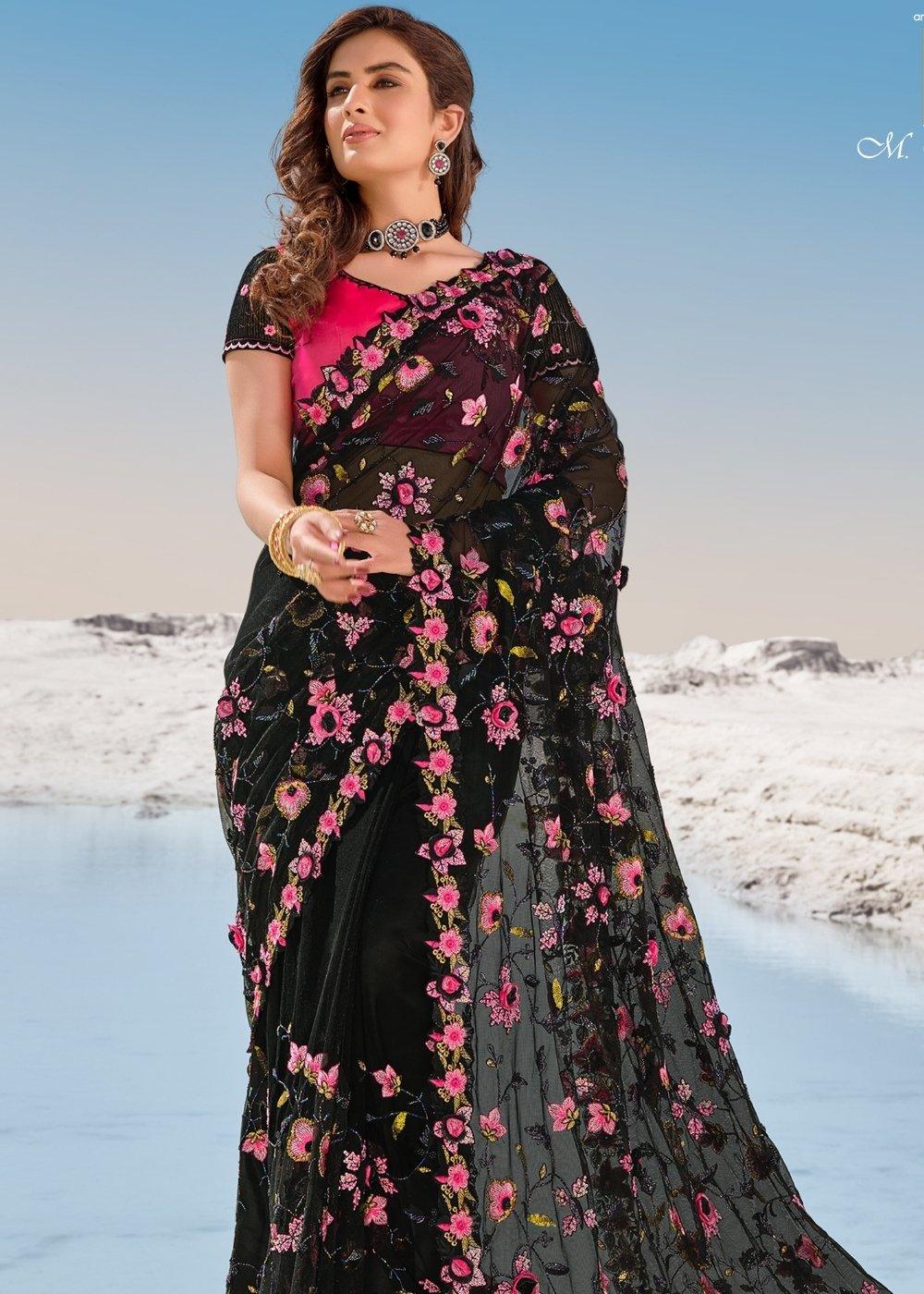 Pitch Black Designer Net Saree with Hand-Made Flower,Moti & Cut-Dana work | Stitched Blouse - qivii