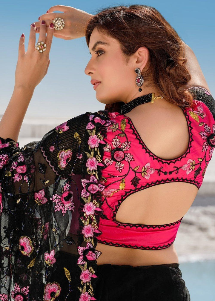 Pitch Black Designer Net Saree with Hand-Made Flower,Moti & Cut-Dana work | Stitched Blouse - qivii