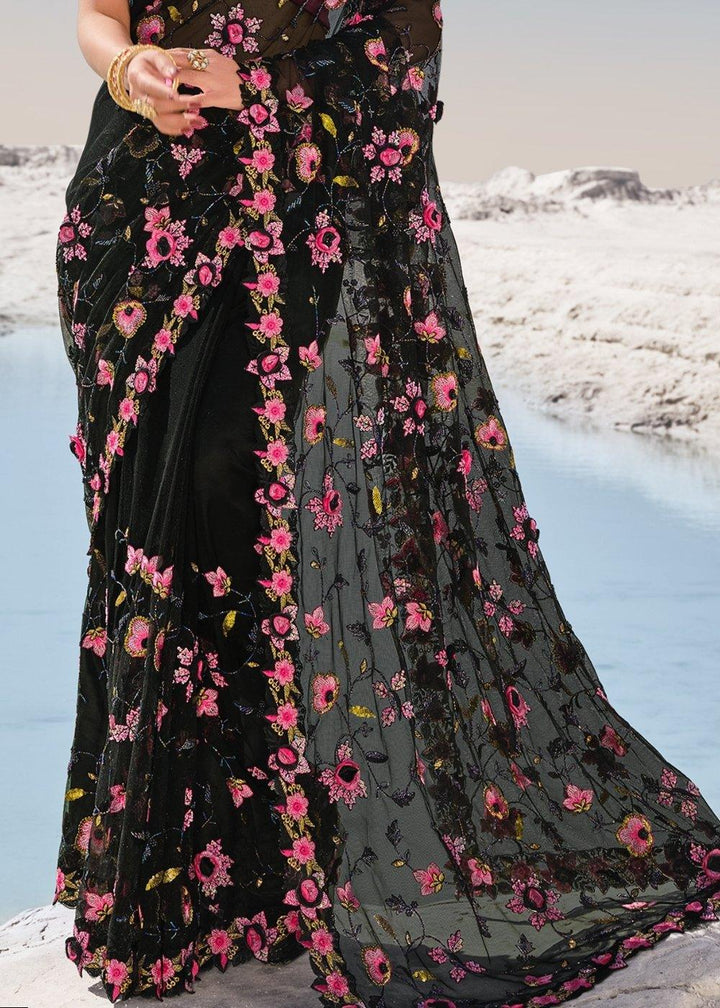 Pitch Black Designer Net Saree with Hand-Made Flower,Moti & Cut-Dana work | Stitched Blouse - qivii