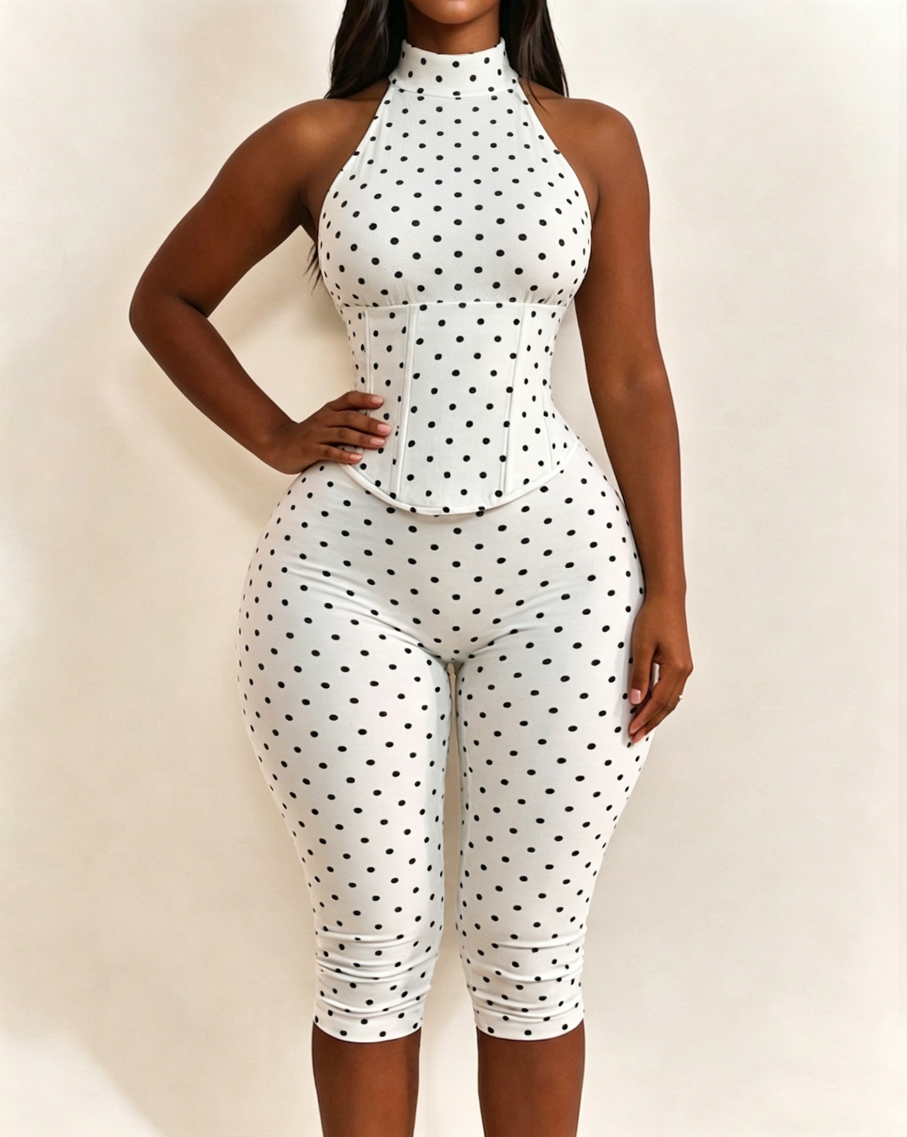 Polka Dot Halter Neck Hourglass Capri Jumpsuit with Detachable Corset Two-Piece Set  - By Qivii