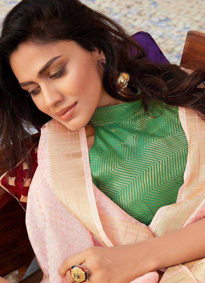 Pleasant Light Pink Color Silk Weaved Linen Fabric Saree With Double Blouse  - By Kreeva