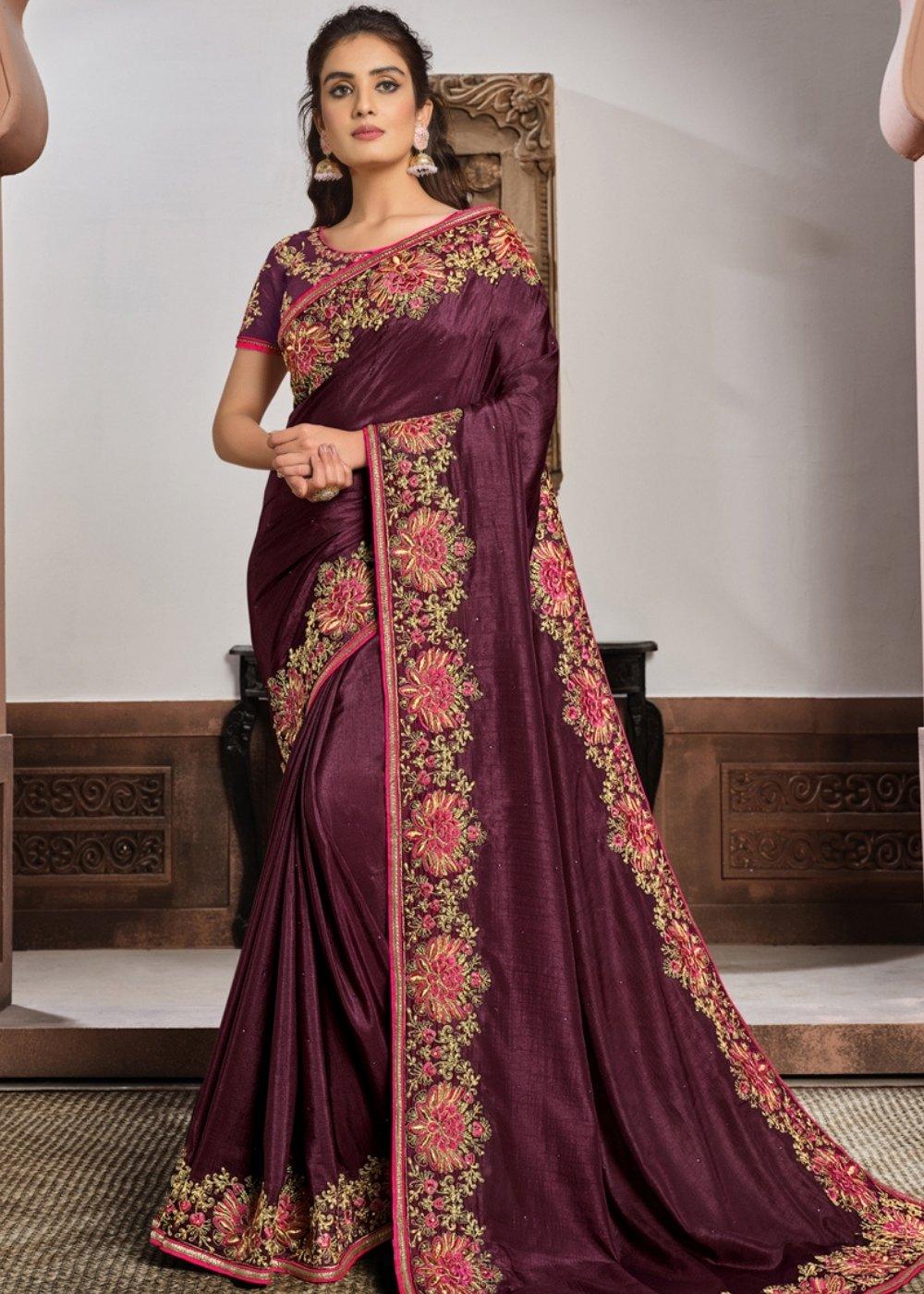 Plum Purple Embroidered Silk Georgette Saree with Tassels on Pallu | Stitched Blouse - qivii