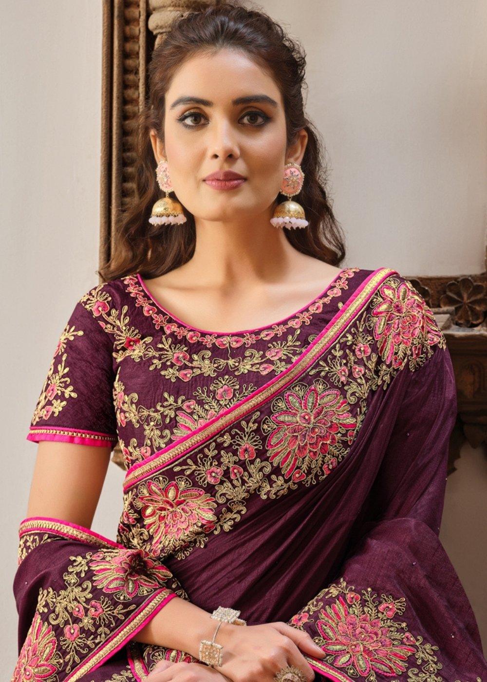 Plum Purple Embroidered Silk Georgette Saree with Tassels on Pallu | Stitched Blouse - qivii