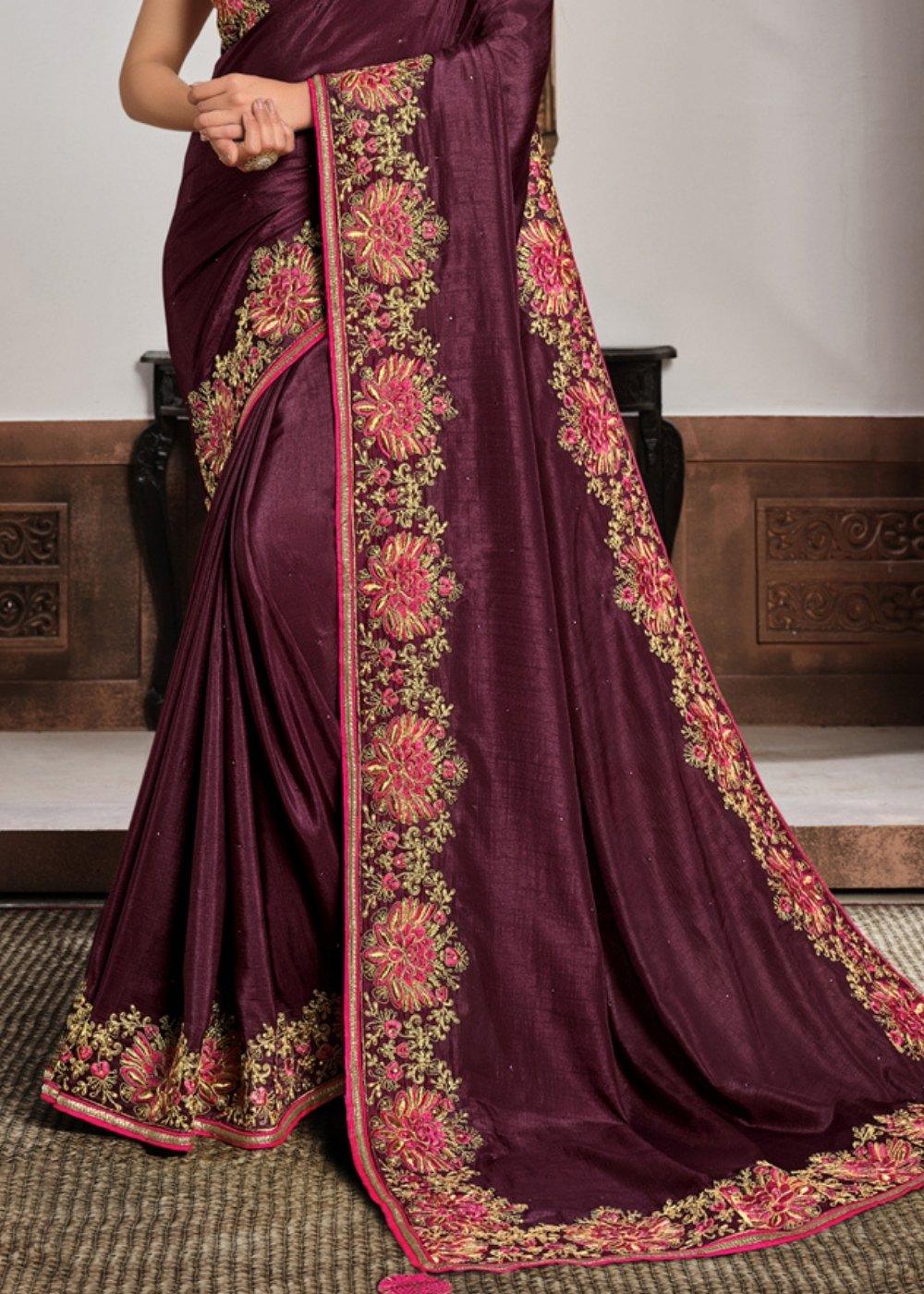 Plum Purple Embroidered Silk Georgette Saree with Tassels on Pallu | Stitched Blouse - qivii