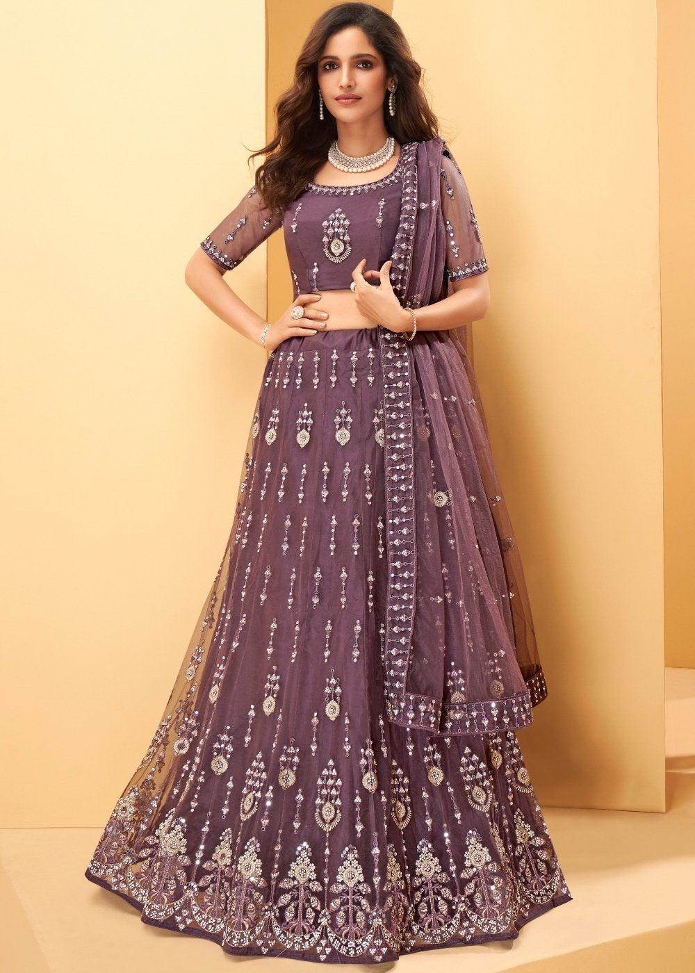 Plum Purple Net Lehenga Choli with Thread Embroidery,Mirror & Zarkan work - qivii