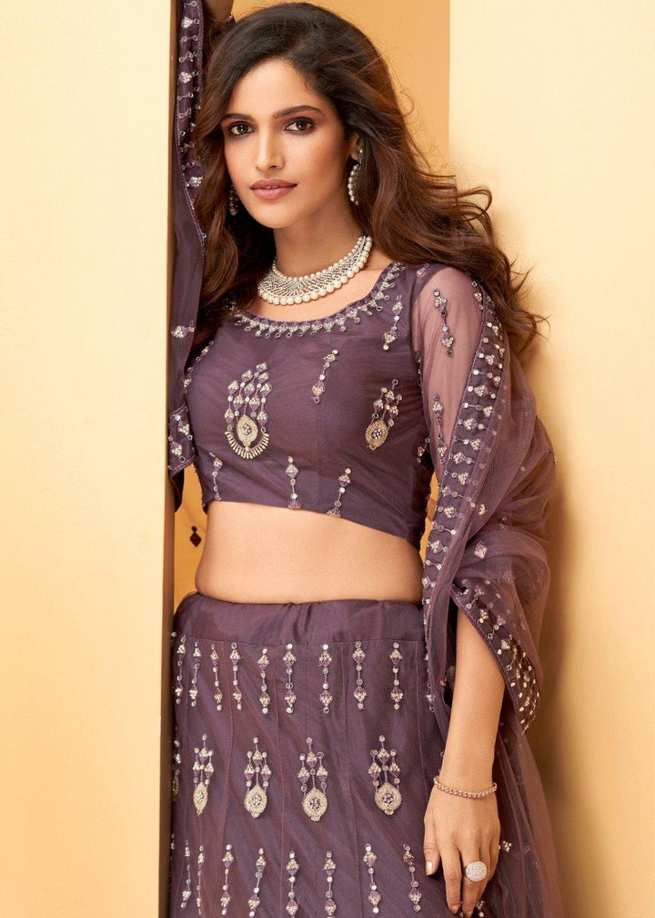 Plum Purple Net Lehenga Choli with Thread Embroidery,Mirror & Zarkan work - qivii