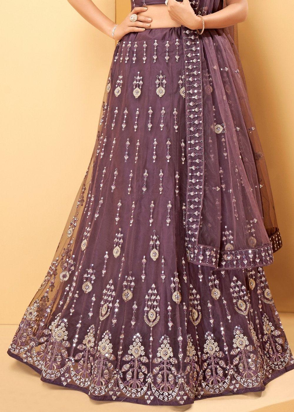 Plum Purple Net Lehenga Choli with Thread Embroidery,Mirror & Zarkan work - qivii