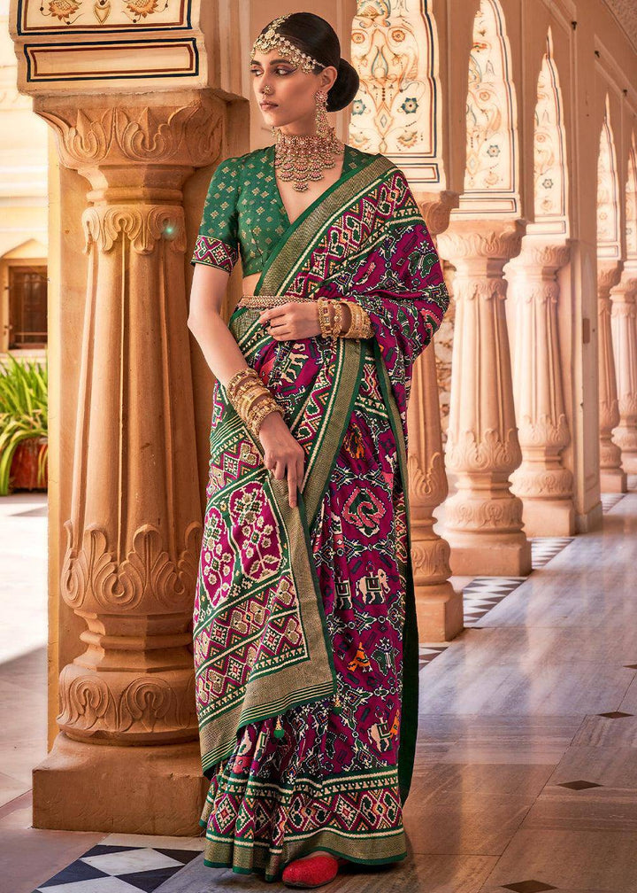 Plum Purple Printed Patola Silk Saree | Stitched Blouse - qivii