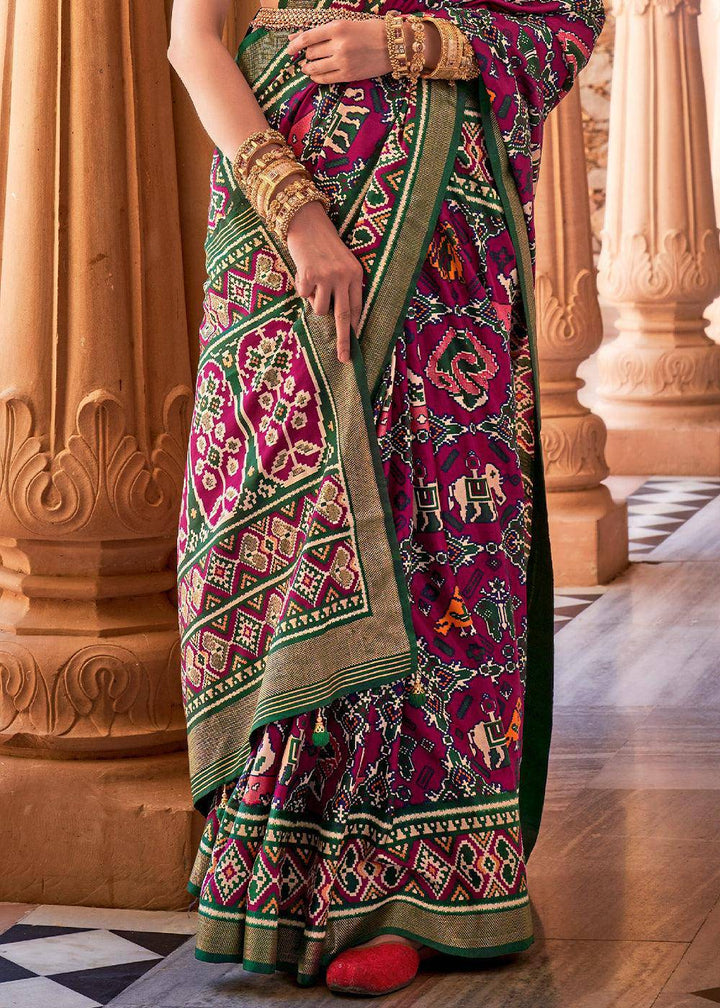 Plum Purple Printed Patola Silk Saree | Stitched Blouse - qivii