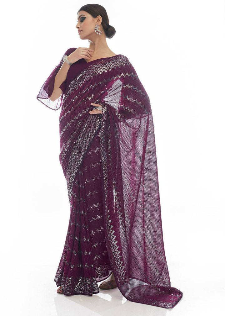 Plum Purple Sequins & Thread Embroidered Designer Georgette Saree | Stitched Blouse - qivii