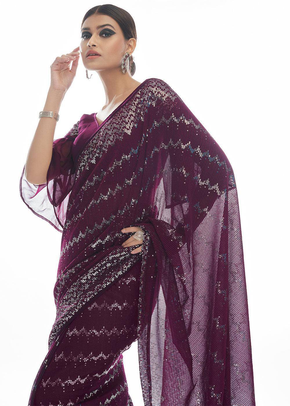 Plum Purple Sequins & Thread Embroidered Designer Georgette Saree | Stitched Blouse - qivii