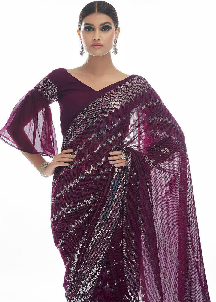 Plum Purple Sequins & Thread Embroidered Designer Georgette Saree | Stitched Blouse - qivii