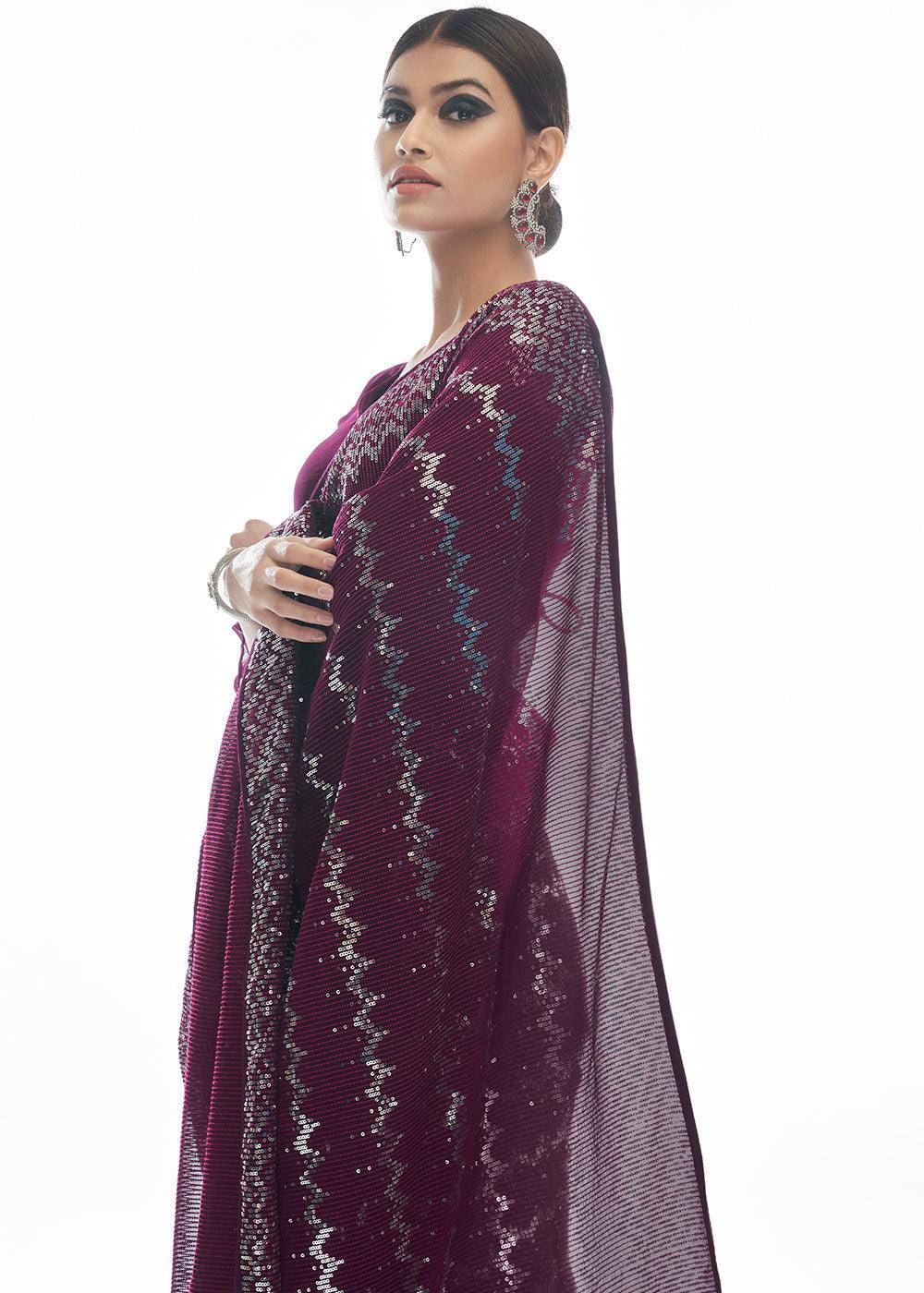 Plum Purple Sequins & Thread Embroidered Designer Georgette Saree | Stitched Blouse - qivii