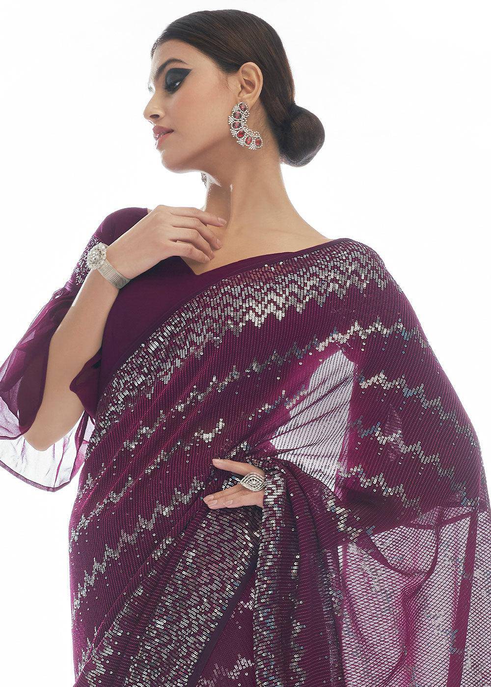 Plum Purple Sequins & Thread Embroidered Designer Georgette Saree | Stitched Blouse - qivii