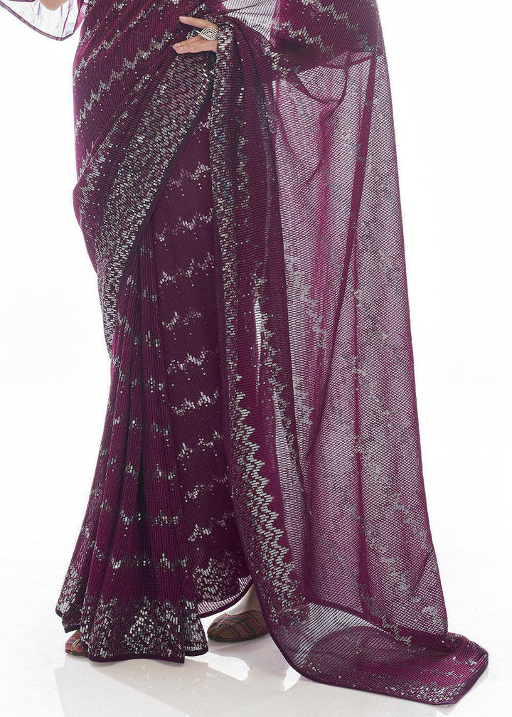 Plum Purple Sequins & Thread Embroidered Designer Georgette Saree | Stitched Blouse - qivii